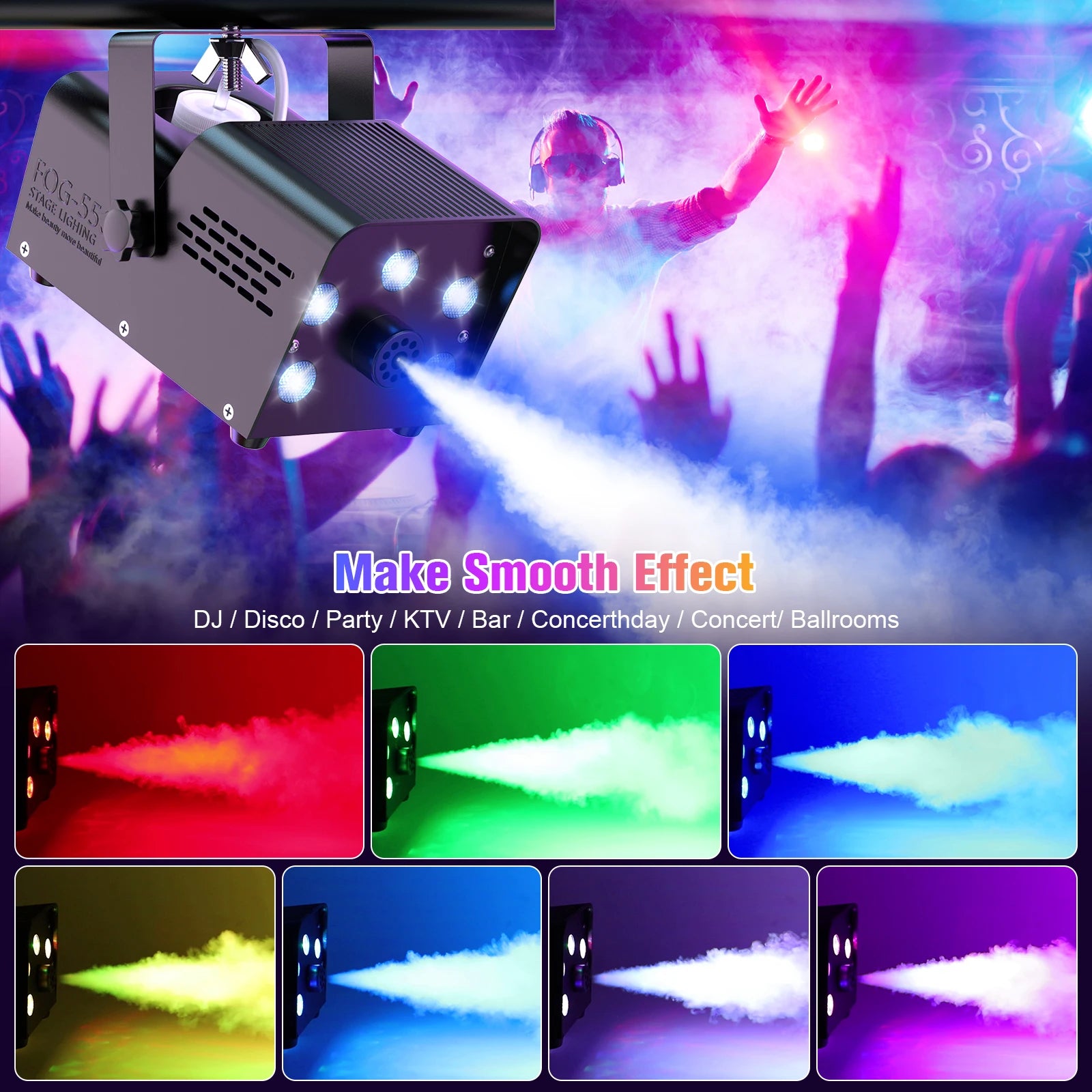 Yiflamefly 550W Fog Machine With Colorful 5PCS RGB LED Stage Light Remote Control Smoke Machine Fogger For Wedding Party Bar