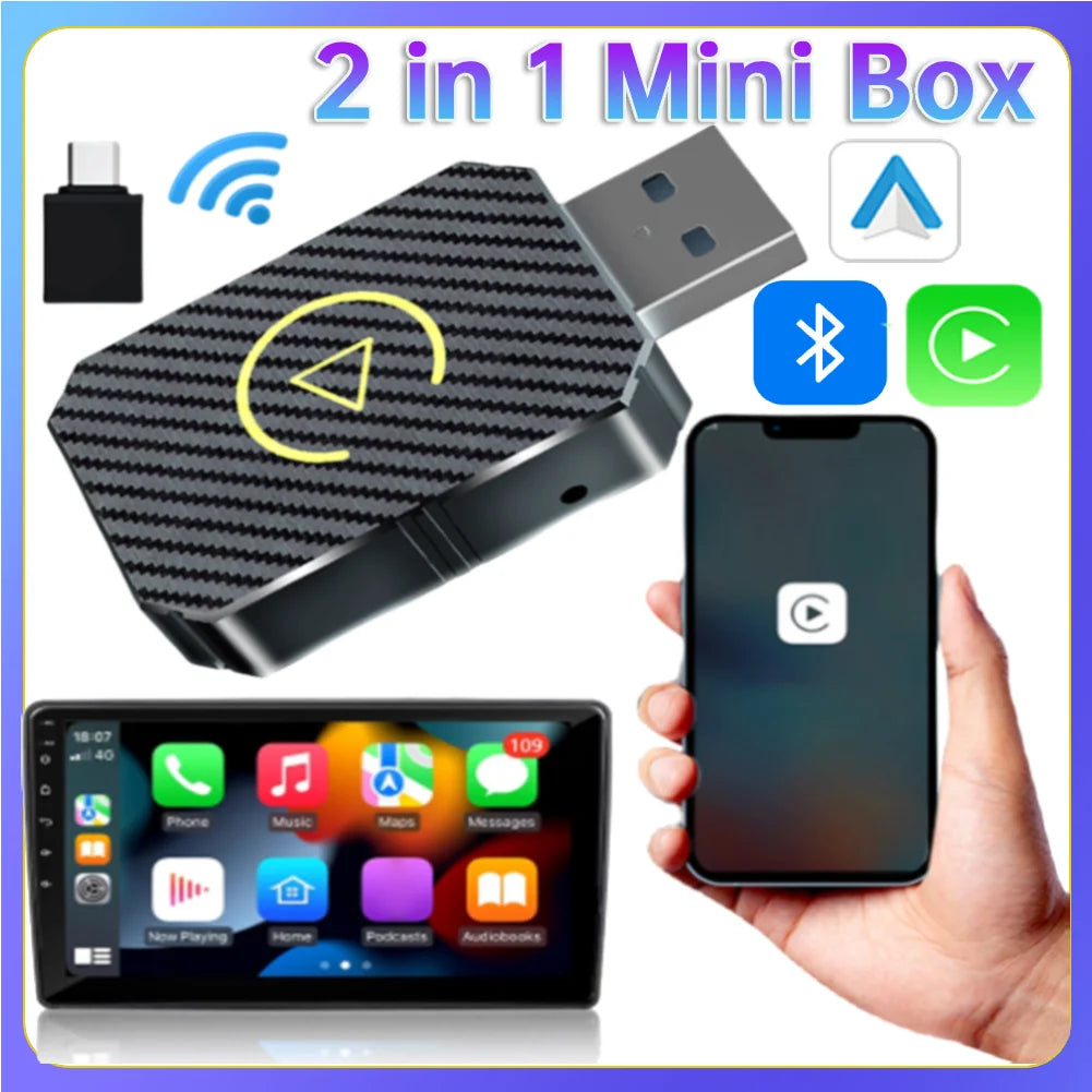 2025 2 in 1 Wireless CarPlay Android Auto Adapter WiFi BT5.0 Smart Dongle Plug&Play Mini Box for Wired CarPlay/Andriod Auto Cars
