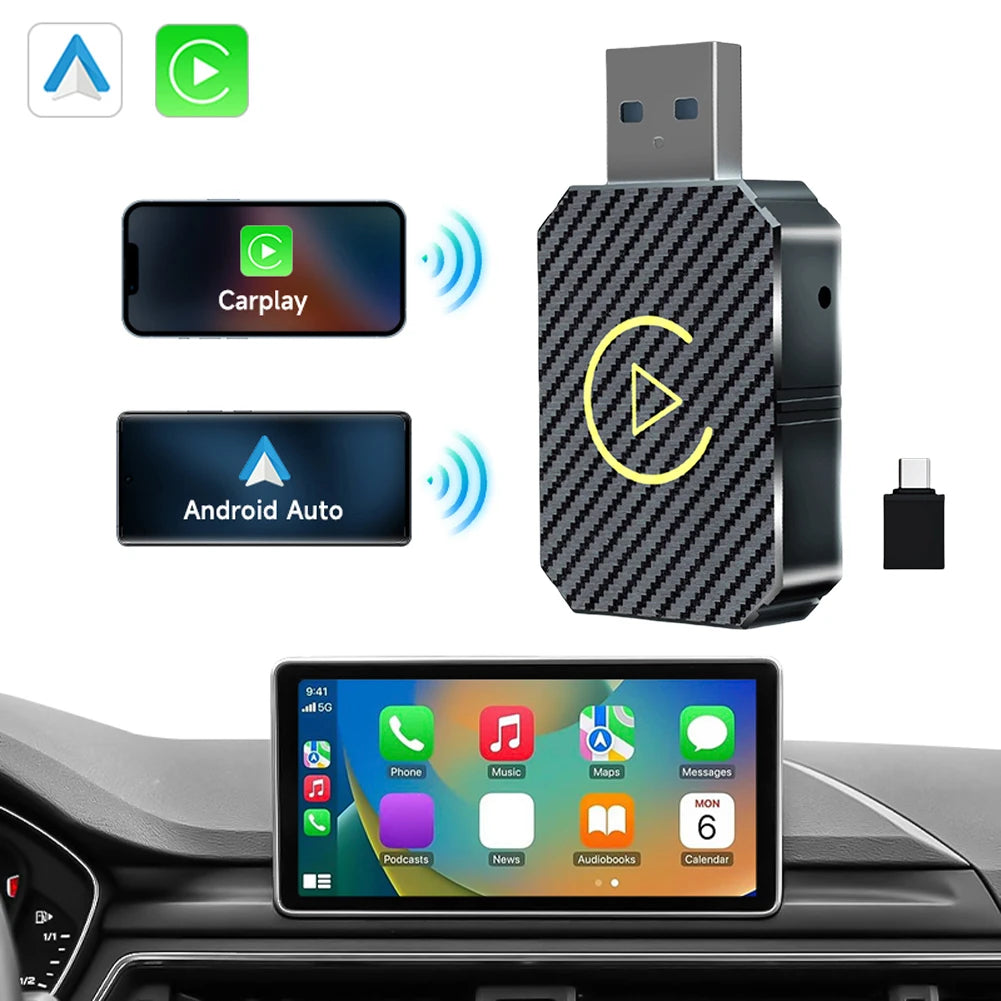 wireless CarPlay Android Auto adapter showcasing Bluetooth compatibility and carbon fiber design in a car interior.