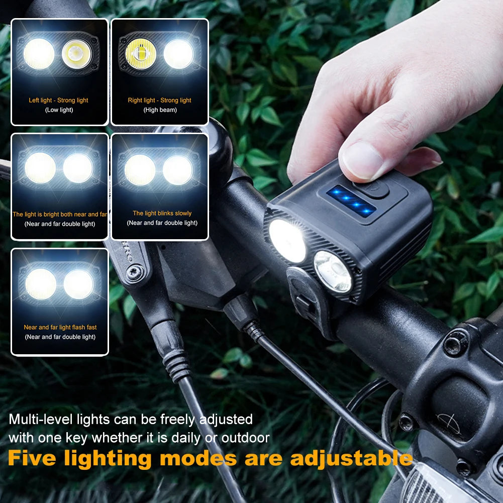 LED Bicycle Headlight High Beam Low Beam USB Charging Bike Handlebar Flashlight 5 Modes Waterproof Bicycle Front Lamp Accessory