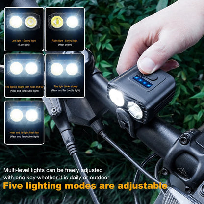 LED Bicycle Headlight High Beam Low Beam USB Charging Bike Handlebar Flashlight 5 Modes Waterproof Bicycle Front Lamp Accessory