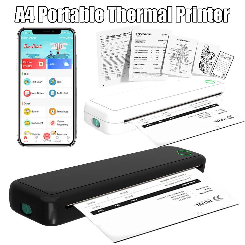 Printer Inkless BT Wireless Portable Printer with Printing Paper Document Printing Maker for Smartphone PC  A4 Thermal Printer