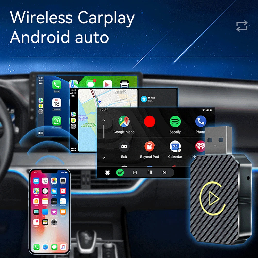Wireless CarPlay Android Auto adapter in car, showcasing Bluetooth 5.0 compatibility and carbon fiber design.